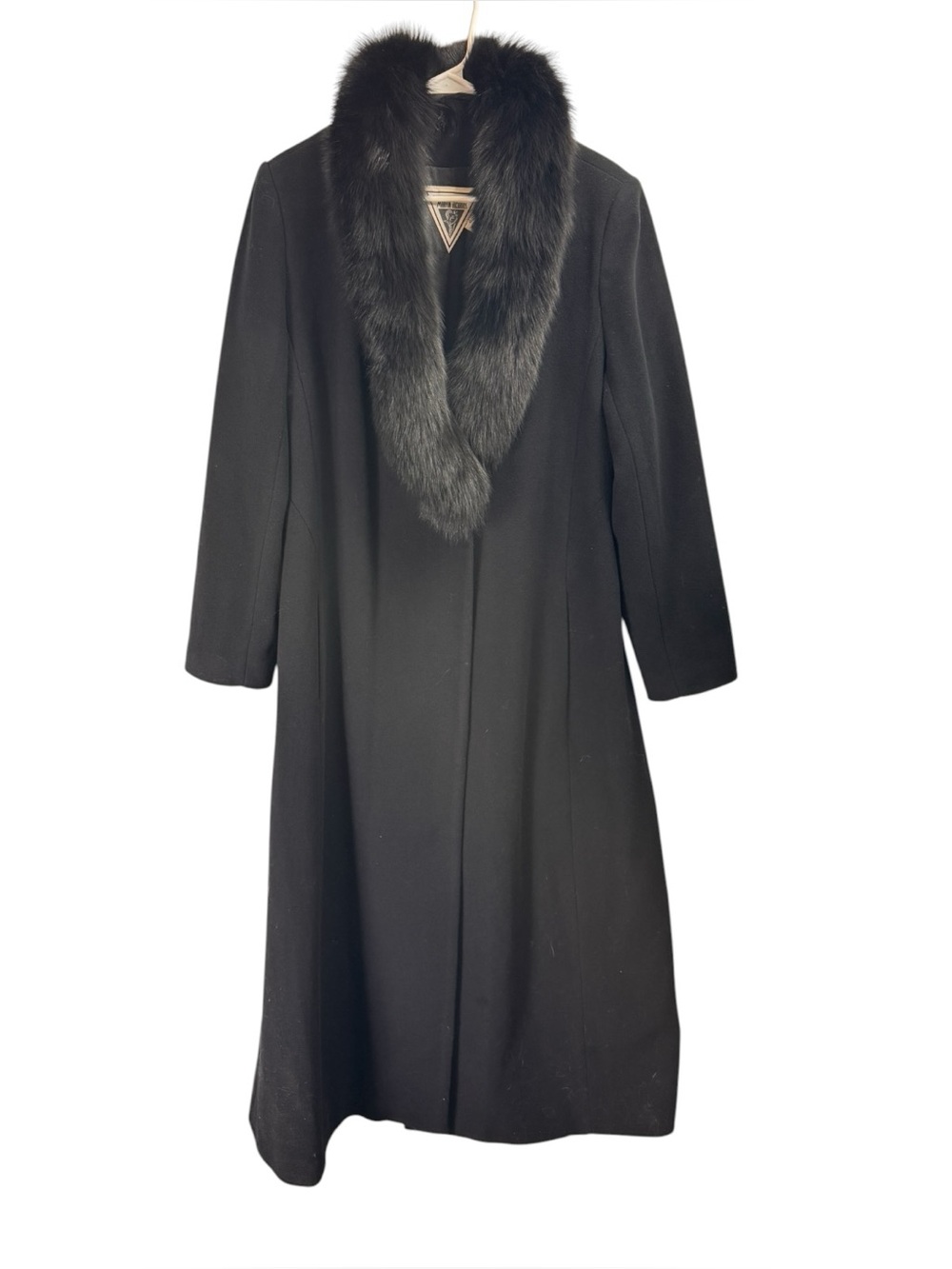 Marvin Richards Size 12 Black Wool Cashmere Dyed Blue Fox Fur Full Length Coat